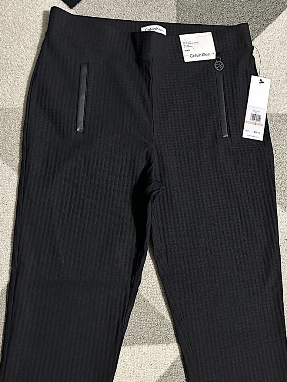 NWT Calvin Klein Faux Leather Trim Textured Stretch Pull-on Ankle Pants Wmn's 12